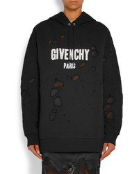 Givenchy Printed Distressed Cotton Jersey Hooded Top Black