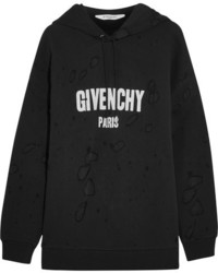 Givenchy Printed Distressed Cotton Jersey Hooded Top Black