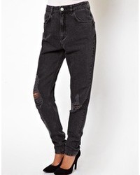 Asos Boyfriend Jeans With Rips In Washed Black