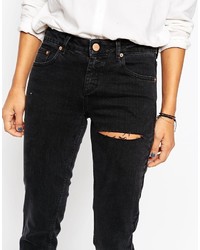 Asos Collection Kimmi Shrunken Boyfriend Jeans In Washed Black With Thigh Rip