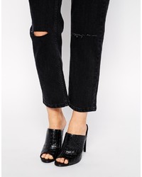 Asos Collection Thea Girlfriend Jeans In Washed Black With Ripped Knees