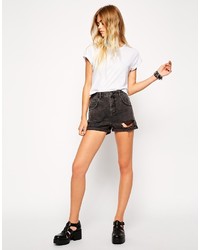Asos High Waist Denim Mom Shorts In Washed Black With Rips