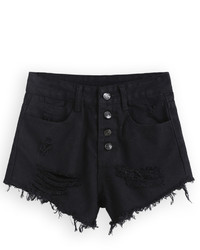 With Buttons Ripped Fringe Denim Black Shorts