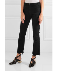 Mother The Hustler Distressed Cropped High Rise Flared Jeans Black