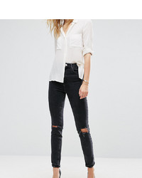 Asos Tall Asos Design Tall Farleigh High Waist Slim Mom Jeans In Washed Black With Busted Knees