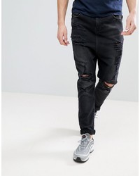 ASOS DESIGN Asos Drop Crotch Jeans In Washed Black With Heavy Rips