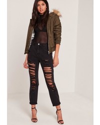 Missguided Black High Rise Ripped Mom Jeans