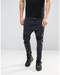 Asos Brand Drop Crotch Jeans With Extreme Rips In Black