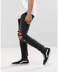 Asos Brand Skinny Cropped Jeans With Extreme Knee Rips In Washed Black