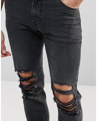 Asos Brand Skinny Cropped Jeans With Extreme Knee Rips In Washed Black