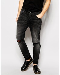 Asos Brand Skinny Jeans In Washed Black With Rips
