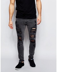 Asos Brand Super Skinny Jeans With Extreme Rips In Washed Black