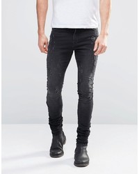 Asos Brand Super Skinny Longline Stacker Jeans With Abrasions In Black