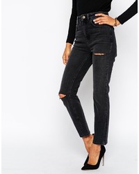 Asos Collection Farleigh High Waist Slim Mom Jeans In Washed Black With Thigh And Knee Rip