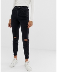ASOS DESIGN Farleigh Slim Mom Jeans In Washed Black With Busted Knees
