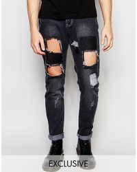 Liquor N Poker Liquor Poker Straight Distressed Patch Jeans In Washed Black