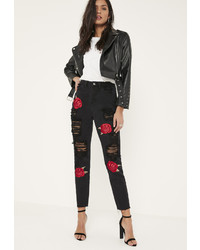 Missguided Black Embroidered Rose Ripped Mom Jeans