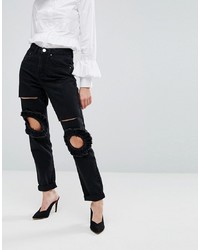 LOST INK Mom Jeans With Frill Knee And Rips