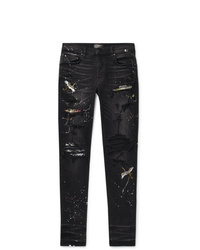 Amiri Skinny Fit Appliqud Paint Splattered Distressed Stretch Denim Jeans