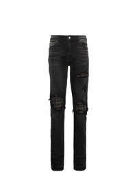 Amiri Slim Fit Distressed Cotton And Leather Jeans