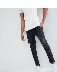 ASOS DESIGN Tall Drop Crotch Jeans In Washed Black With Heavy Rips