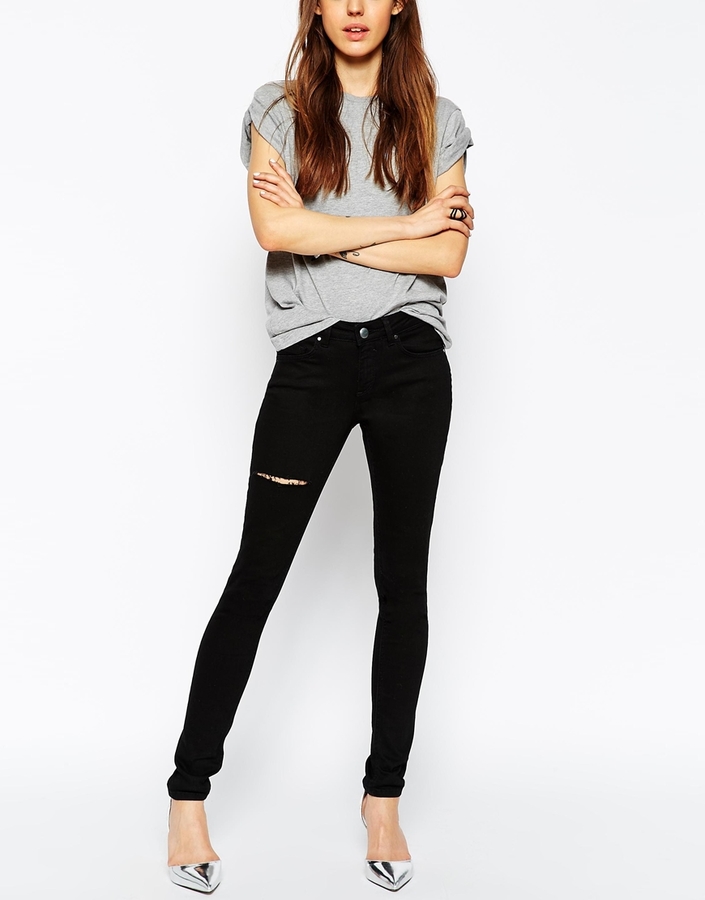 Asos Collection Lisbon Skinny Mid Rise Jeans In Clean Black With Thigh