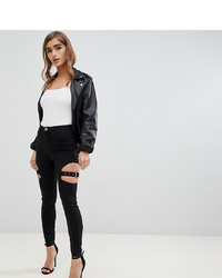 Asos Petite Asos Design Petite Ridley High Waist Skinny Jeans In Clean Black With Cut Out Detail