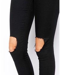 Asos Petite Supersoft High Waisted Black Ultra Skinny Jeans With Busted Knees