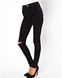 Asos Ridley High Waist Ultra Skinny Jeans In Washed Black Cord With Ripped Knees