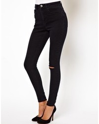 Asos Ridley High Waist Ultra Skinny Jeans In Washed Black With Ripped Knee
