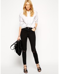Asos Ridley Jeans Asos Ridley Skinny Ankle Grazer Jeans In Washed Black With Ripped Knees