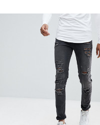ASOS DESIGN Asos Tall Skinny Jeans In 125oz With Mega Rips In Washed Black