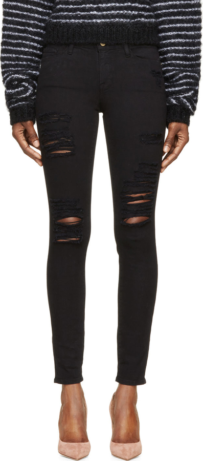 Frame Denim Black Distressed Le Skinny De Jeanne Jeans, $200 