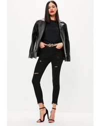 Missguided Black High Waisted Stepped Hem Ripped Skinny Jeans