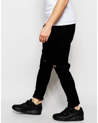 Asos Brand Drop Crotch Jeans In Black With Knee Rips