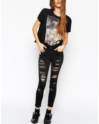 Asos Collection Lisbon Skinny Festival Mid Rise Ankle Grazer Jeans In Black With Extreme Rips