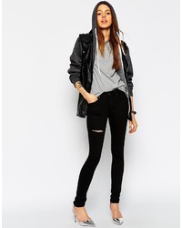 Asos Collection Lisbon Skinny Mid Rise Jeans In Clean Black With Thigh Rip