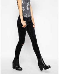 Asos Collection Mid Rise Skinny Jeans In Washed Black Cord With Ripped Knee