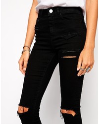 Asos Collection Ridley Jeans In Black With Thigh Rip And Busted Knees