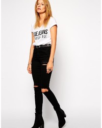 Asos Collection Ridley Jeans In Black With Thigh Rip And Busted Knees