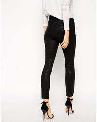 Asos Collection Ridley Skinny Ankle Grazer Jeans In Coated Black With Ripped Knees
