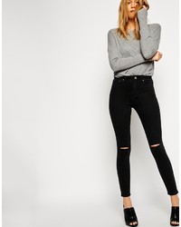 Asos Collection Ridley Skinny Ankle Grazer Jeans In Washed Black With Ripped Knees
