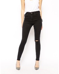 Asos Collection Ridley Skinny Jeans In Washed Black With Ripped Knee
