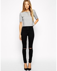 Asos Collection Rivington High Waist Denim Jeggings In Black With Ripped Knees