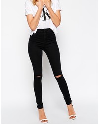 Asos Collection Rivington High Waist Denim Jeggings In Washed Black With Ripped Knees