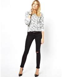 Asos Collection Whitby Low Rise Skinny Ankle Grazer Jeans In Washed Black With Ripped Knee