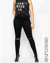 Asos Curve Ridley Skinny Jeans In Clean Black With Rip Destroy Busts