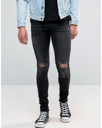 Asos Extreme Super Skinny Jeans With Opens Rips In Washed Black