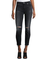 7 For All Mankind High Waist Ankle Distressed Skinny Jeans Black