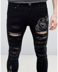 Liquor N Poker Black Wash Doodle Extreme Rips Skinny Jeans